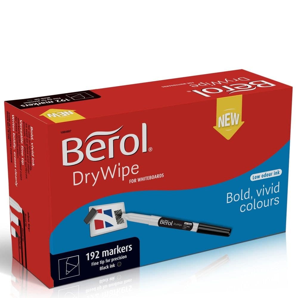 Berol Dry Wipe Whiteboard Marker Pens Black Fine Tip Pack of 192