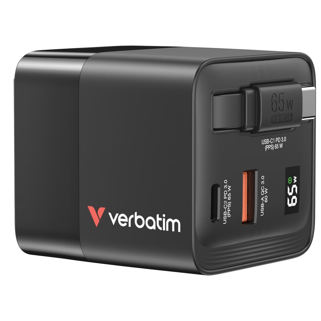 Verbatim GaN Charger 65W 2 Port retractable cable display US plugs with EU and UK adaptors - Image 1
