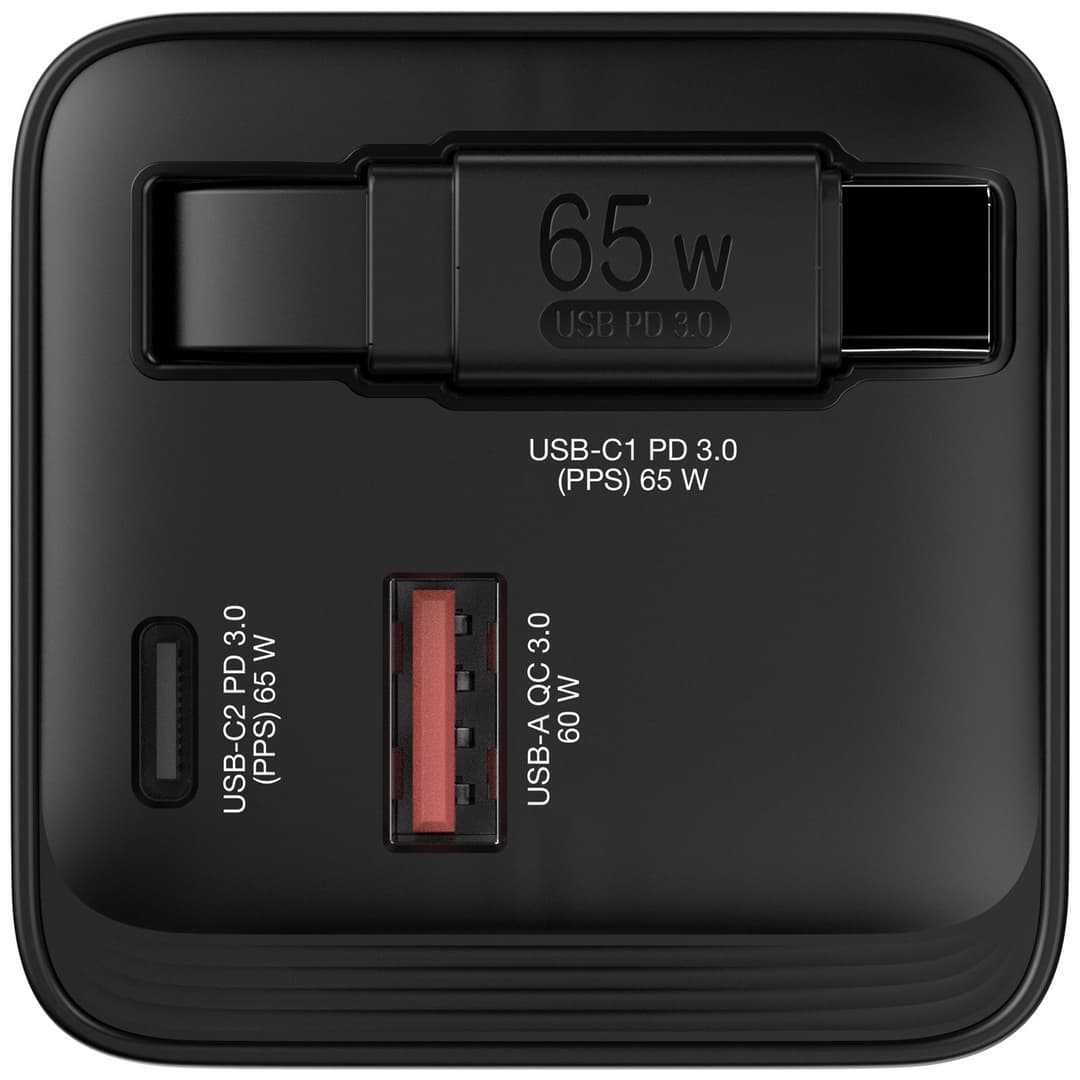 Verbatim GaN Charger 65W 2 Port retractable cable display US plugs with EU and UK adaptors - Image 2