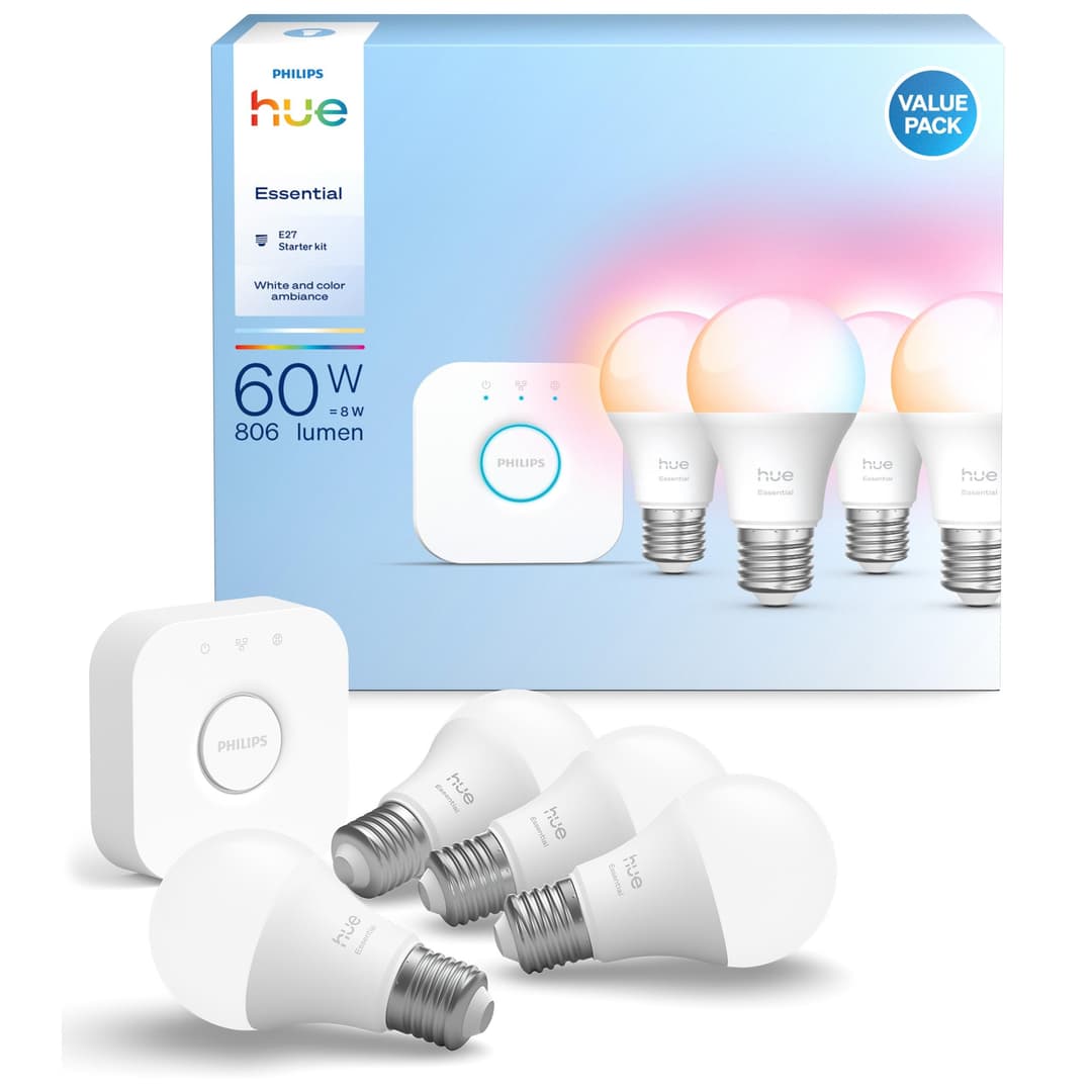 Philips Hue Bridge + Essential E27 Smart Bulbs, 4 Pack Smart Lighting Starter Kit - White - Image 1