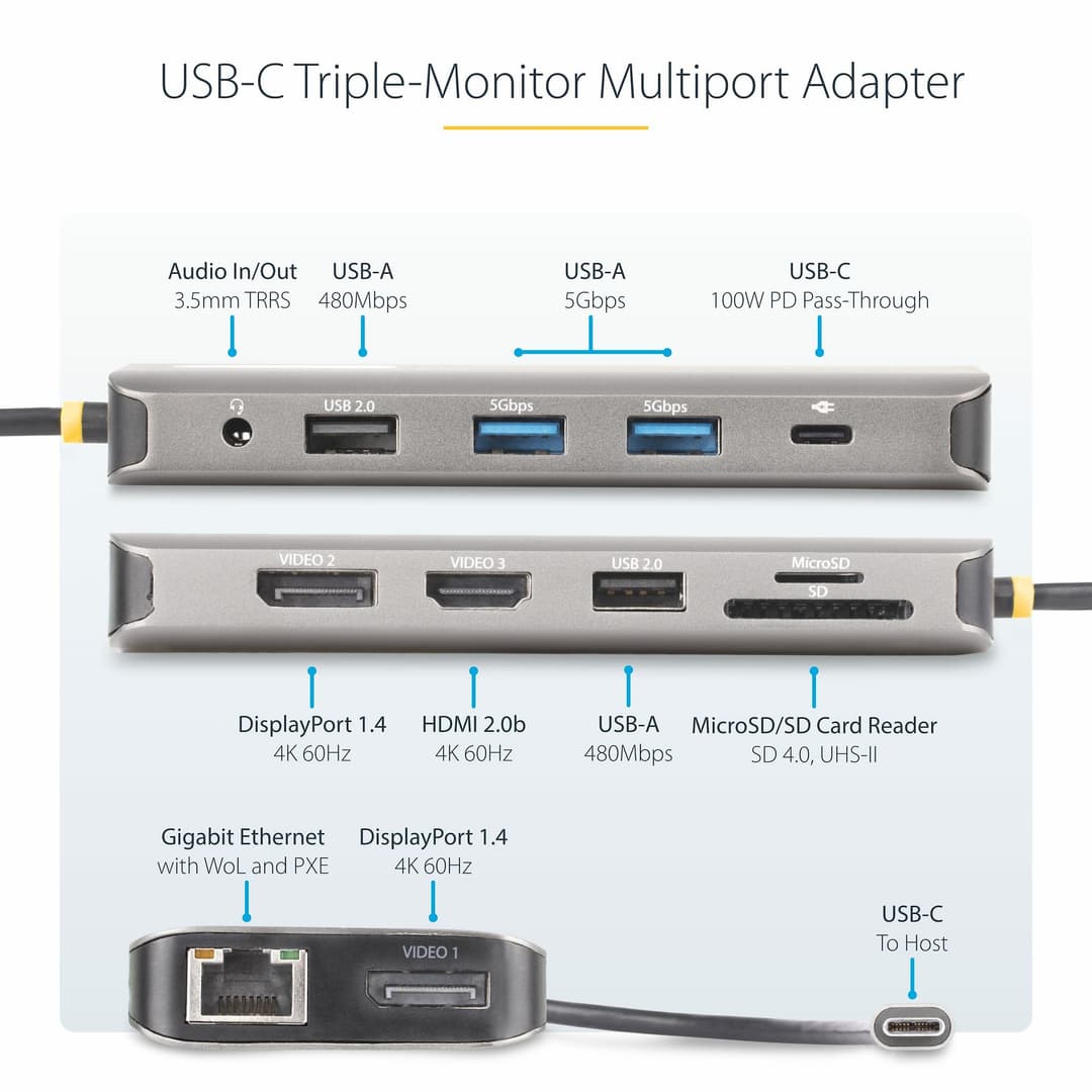 StarTech.com USB-C Triple-Monitor Multiport Adapter, Dual 4K 60Hz + 4K 30Hz HDMI & DisplayPort, 4-Port USB Hub, 100W PD Pass-Through, GbE, SD/MicroSD Card Readers - Image 3