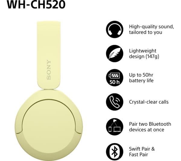 Sony WH-CH520 Wireless Headphones - Yellow - Image 7