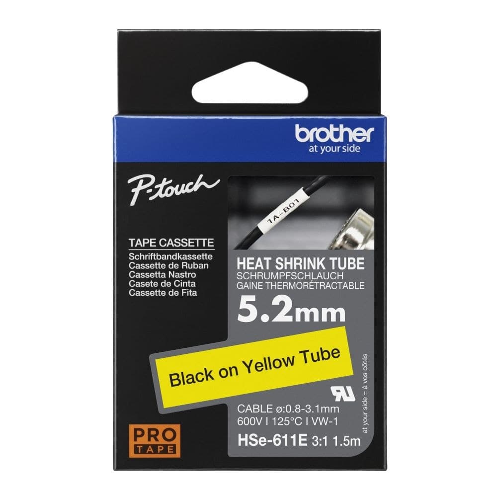 Brother HSe-611E 5.2mm x 1.5m Black on Yellow Heat Shrink Tube Tape Cassette