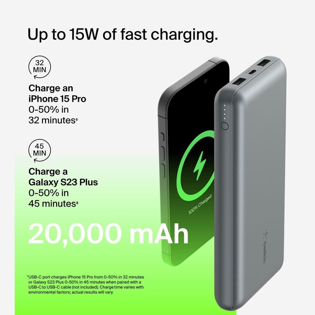 Belkin 15W 20000mAh Portable Power Bank - Space Grey - Image 6