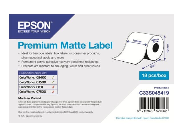 Epson Premium - label continuous paper - matte - 1 roll(s) - Roll (10.2 cm x 35 m)