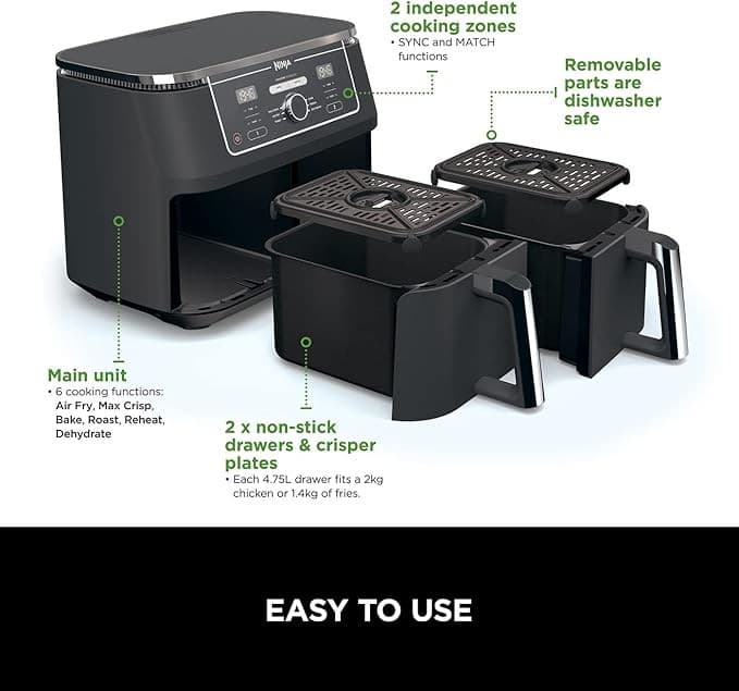 Ninja Foodi MAX Dual Zone AF400UK 9.5L 2-Drawer Air Fryer 2470W - Black - Image 2