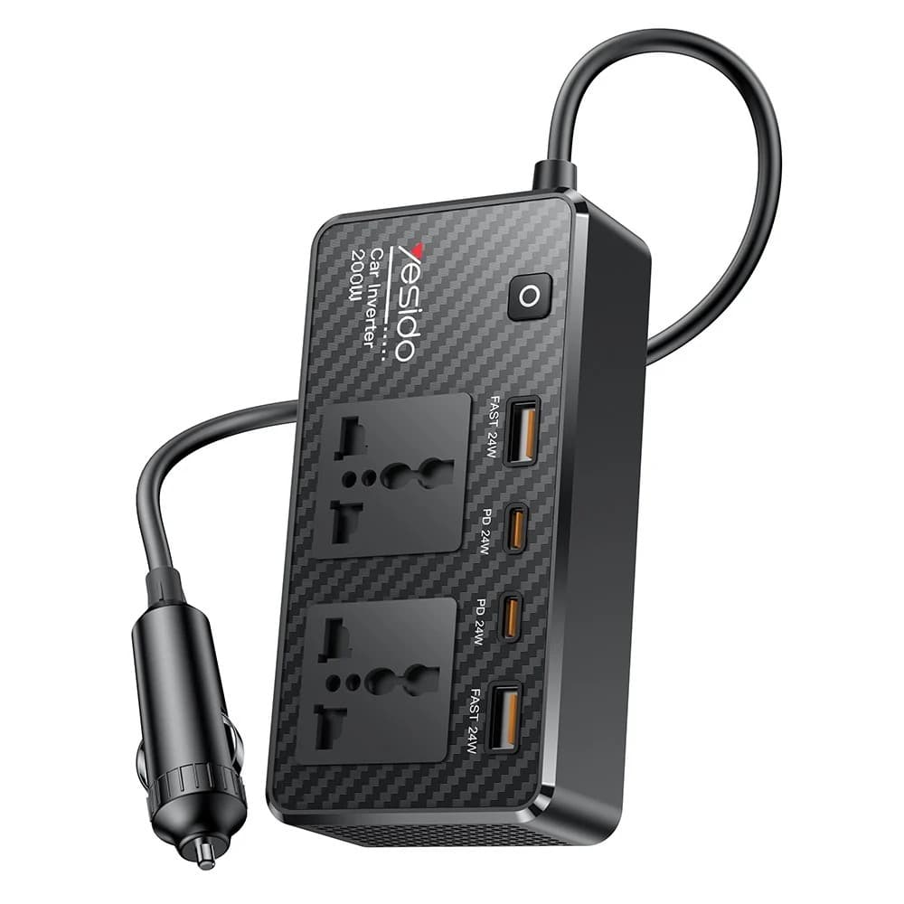 YESIDO VC07 200W Car Inverter, 2 AC Outlets, 2 USB-A, 2 USB-C, PD and QC3.0 - Black - Image 1