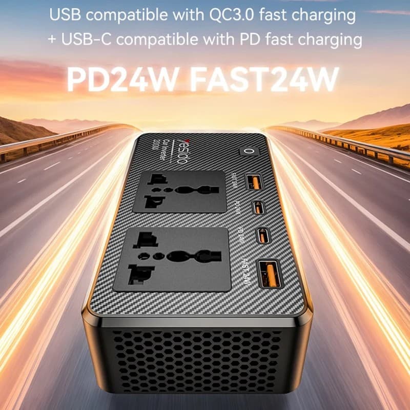 YESIDO VC07 200W Car Inverter, 2 AC Outlets, 2 USB-A, 2 USB-C, PD and QC3.0 - Black - Image 2