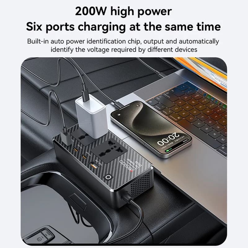 YESIDO VC07 200W Car Inverter, 2 AC Outlets, 2 USB-A, 2 USB-C, PD and QC3.0 - Black - Image 4
