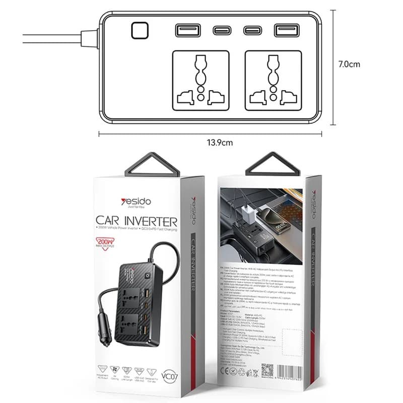 YESIDO VC07 200W Car Inverter, 2 AC Outlets, 2 USB-A, 2 USB-C, PD and QC3.0 - Black - Image 9