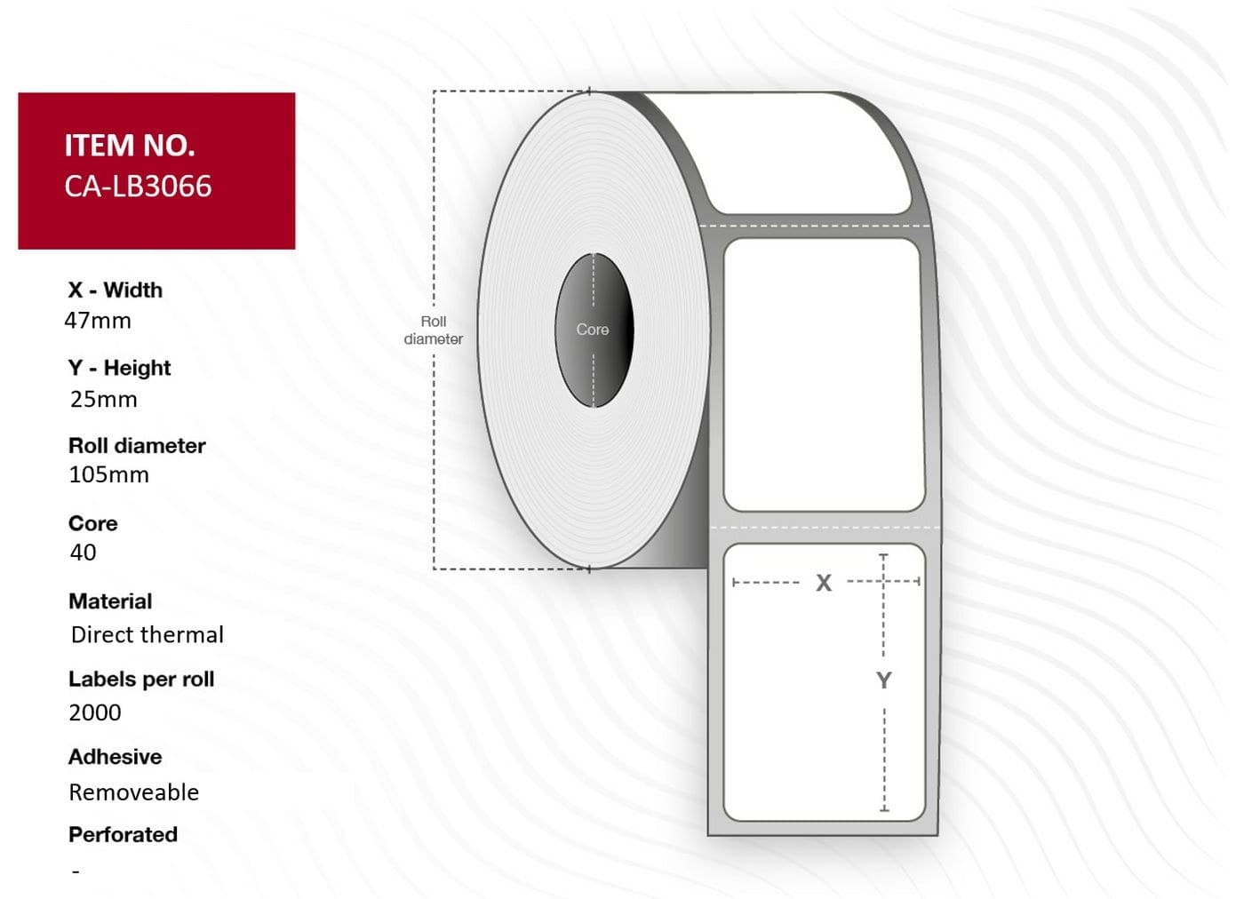 Capture CA-LB3066 Direct Thermal Labels 47 x 25mm, 40mm Core, White, Uncoated, Removable, 2000 per Roll (12 Rolls)