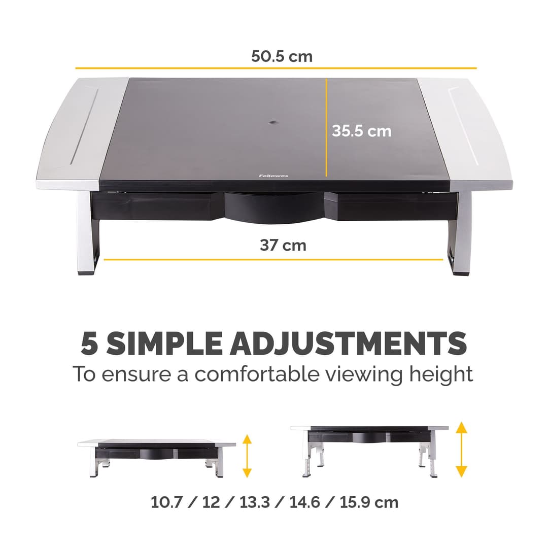 Fellowes Computer Monitor Stand with 5 Height Adjustments - Office Suites Monitor Riser with Storage Tray - Ergonomic Adjustable Monitor Stand for Computers - Max Weight 36KG/Max Size 28" - Graphite - Image 4
