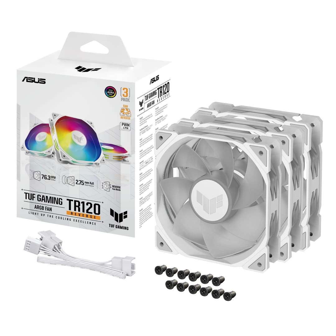 ASUS TUF Gaming TR120 ARGB Reverse 120mm PWM Case Fan White - 3-Pack - Image 1