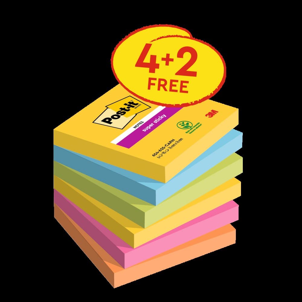Post-it Pack of 6 Super Sticky Notes 76x76mm 90 Sheets Carnival Colours - Image 1