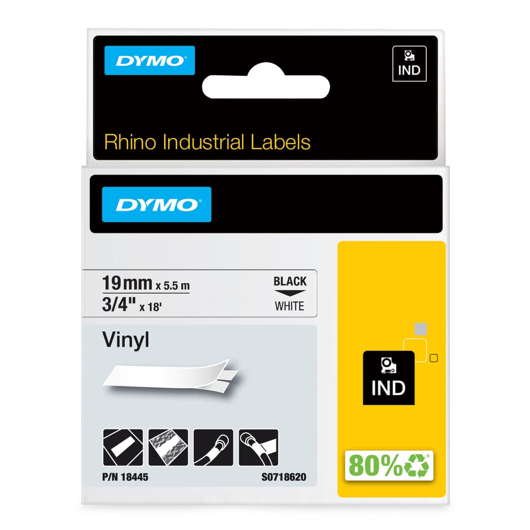 DYMO Rhino Industrial Vinyl Labels | 19 mm x 5.5 m | Black Print on White | Self-Adhesive | for Rhino & LabelManager Label Makers - Image 1