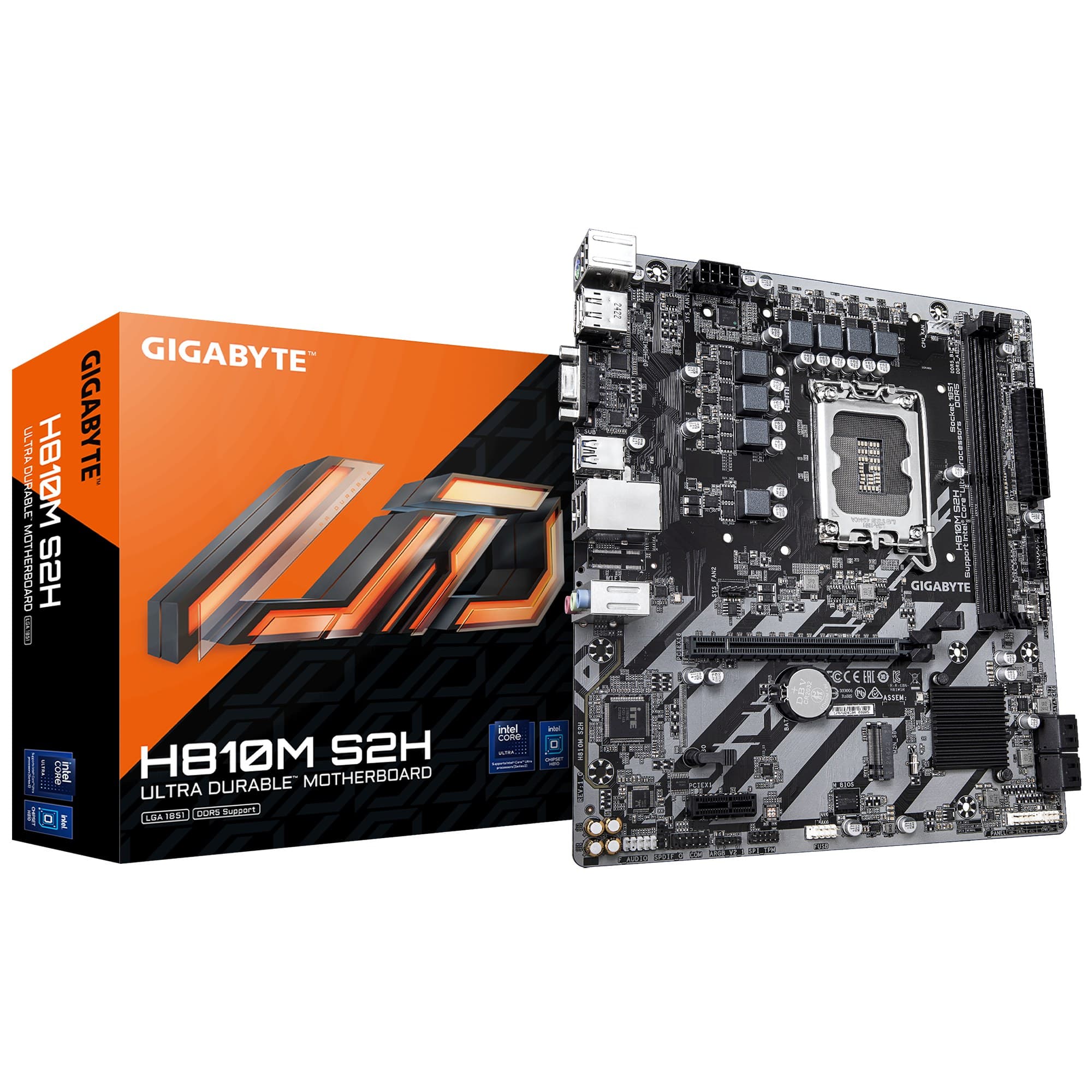 GIGABYTE H810M S2H LGA1851 Micro ATX Motherboard - Intel H810, Intel Core Ultra (Series 2) CPUs, 4+1+2 Phases VRM, up to 6400MHz DDR5, 1xPCIe 4.0 M.2, 1GbE LAN, USB 3.2 Gen 1