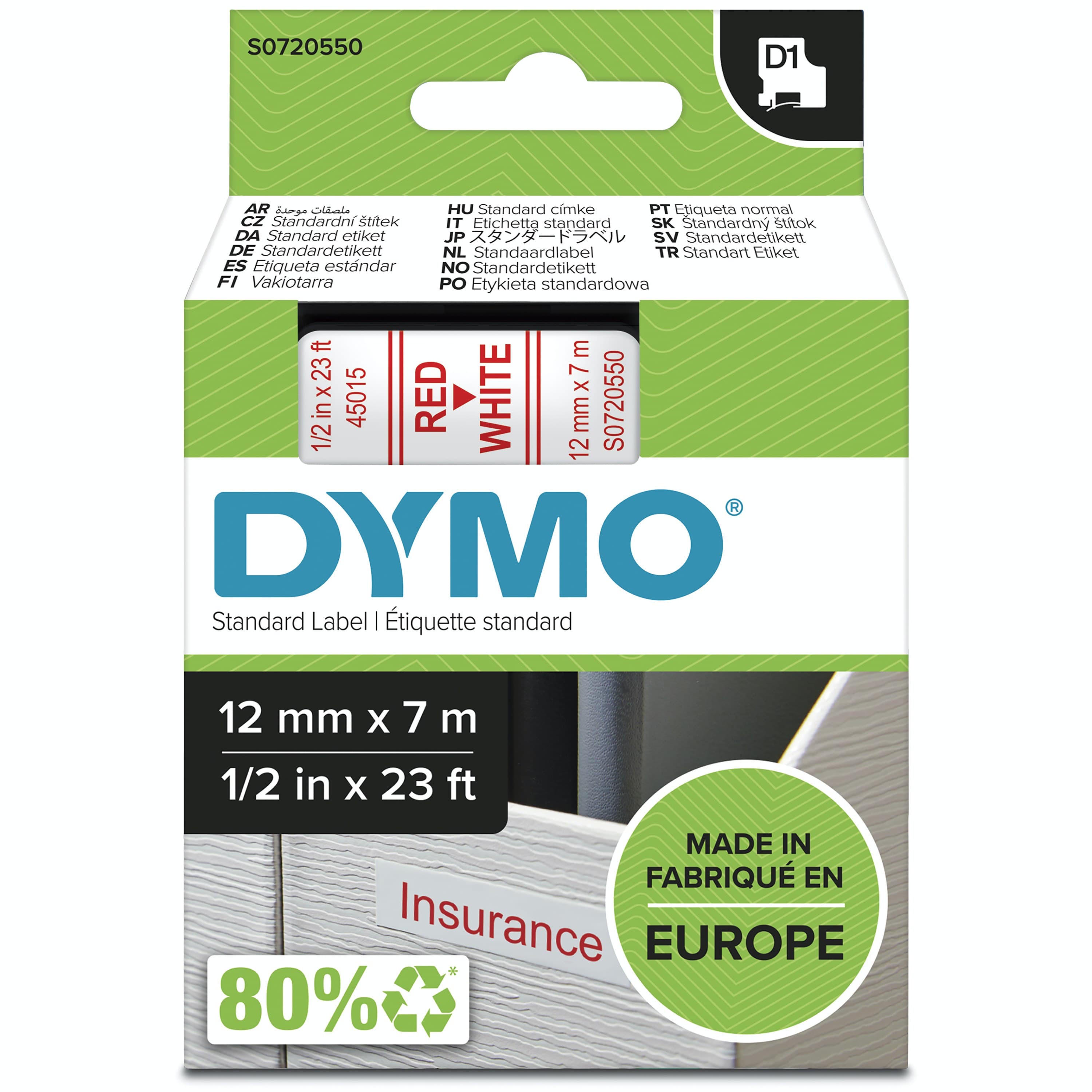 DYMO Authentic D1 Labels 45015 (S0720550) | Red Print on White Tape | 12 mm x 7 m | Self-Adhesive Labels for LabelManager Label Makers | Made in Europe