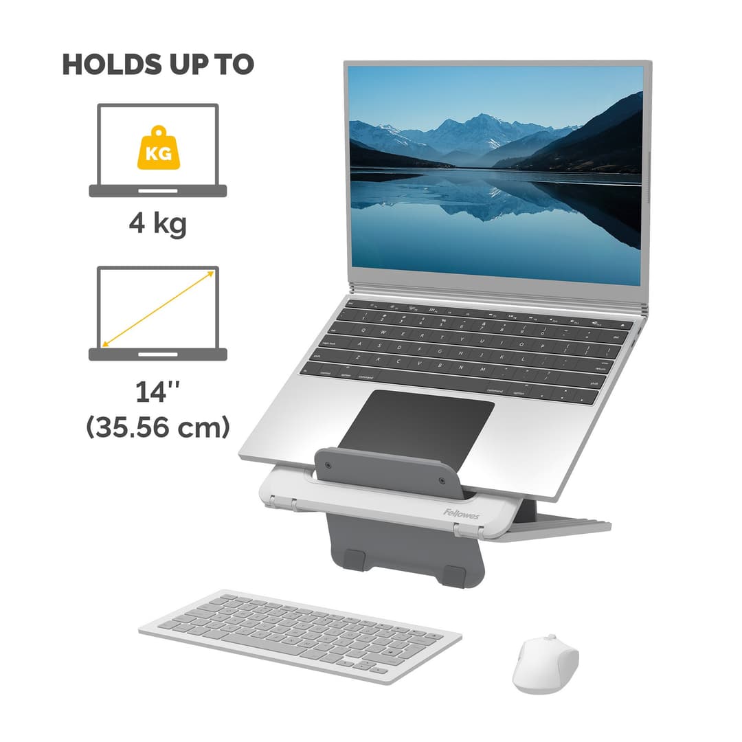 Fellowes Laptop Stand for Desk - Breyta Adjustable Laptop Riser for Home and Office - Portable Laptop Stand with 12 Height Adjustments - Max Laptop Size 14", Max Weight 4KG - White - Image 3