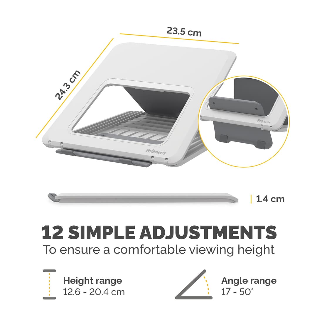 Fellowes Laptop Stand for Desk - Breyta Adjustable Laptop Riser for Home and Office - Portable Laptop Stand with 12 Height Adjustments - Max Laptop Size 14", Max Weight 4KG - White - Image 4
