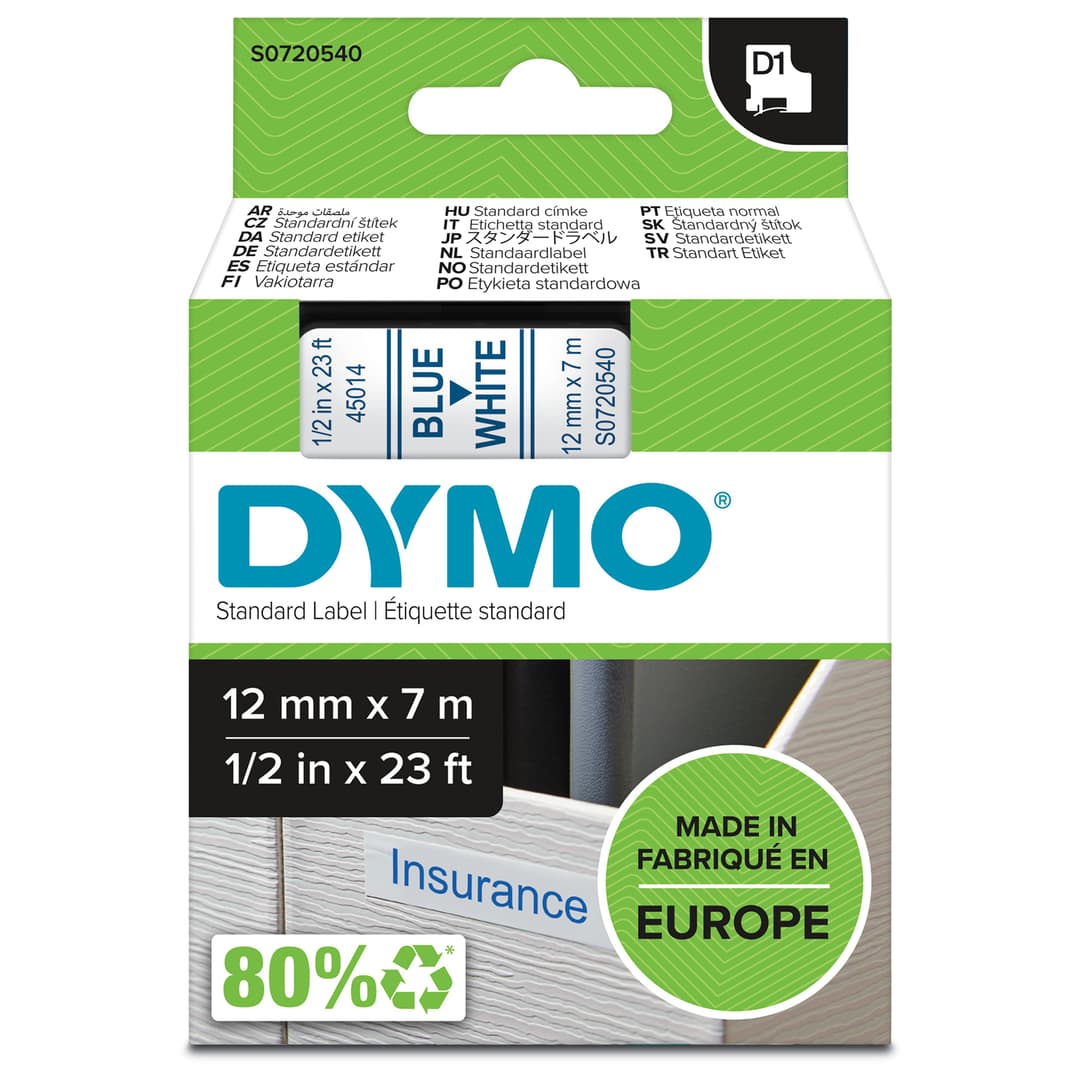 DYMO Authentic D1 Labels | Blue Print on White Tape | 12 mm x 7 m | Self-Adhesive Labels for LabelManager Label Makers | Made in Europe - Image 1