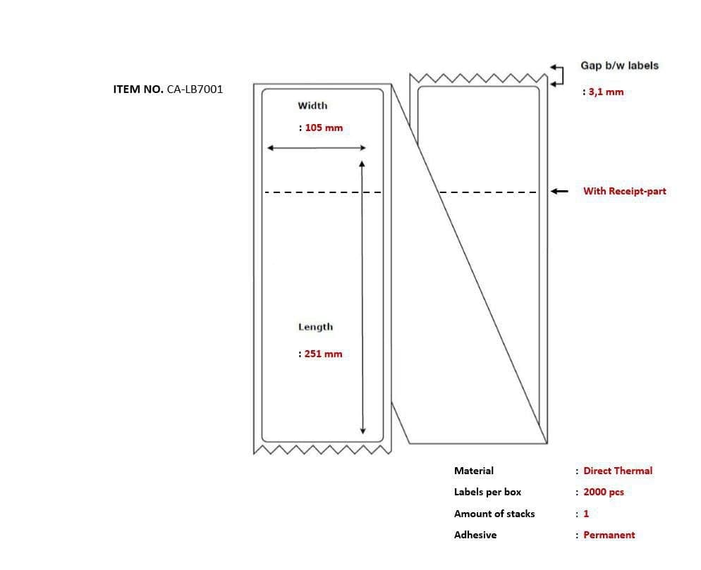 Capture Ship-label 105 x 251mm, Direct Thermal, With Receipt Part, Fanfold, 2000 Labels per Box (CA-LB7001) - Image 1
