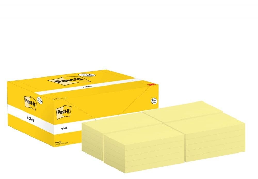 Post-it Pack of 20 Notes Value Pack 76x127mm 100 Sheets Canary Yellow - Image 1