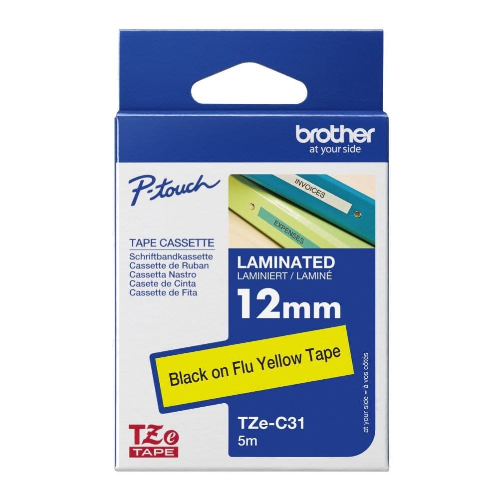 Brother TZEC31 Black on Yellow 8M x 12mm Fluorescent Laminated Tape