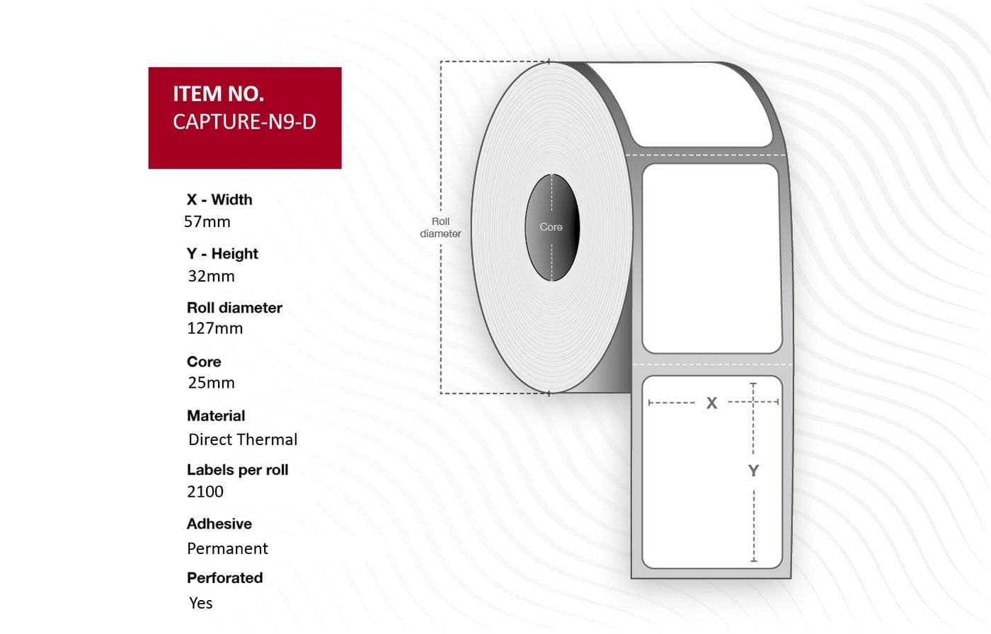 Capture CAPTURE-N9-D Direct Thermal Labels 57 x 32mm, 25mm Core, Perforated, 2100 per Roll (12 Rolls)