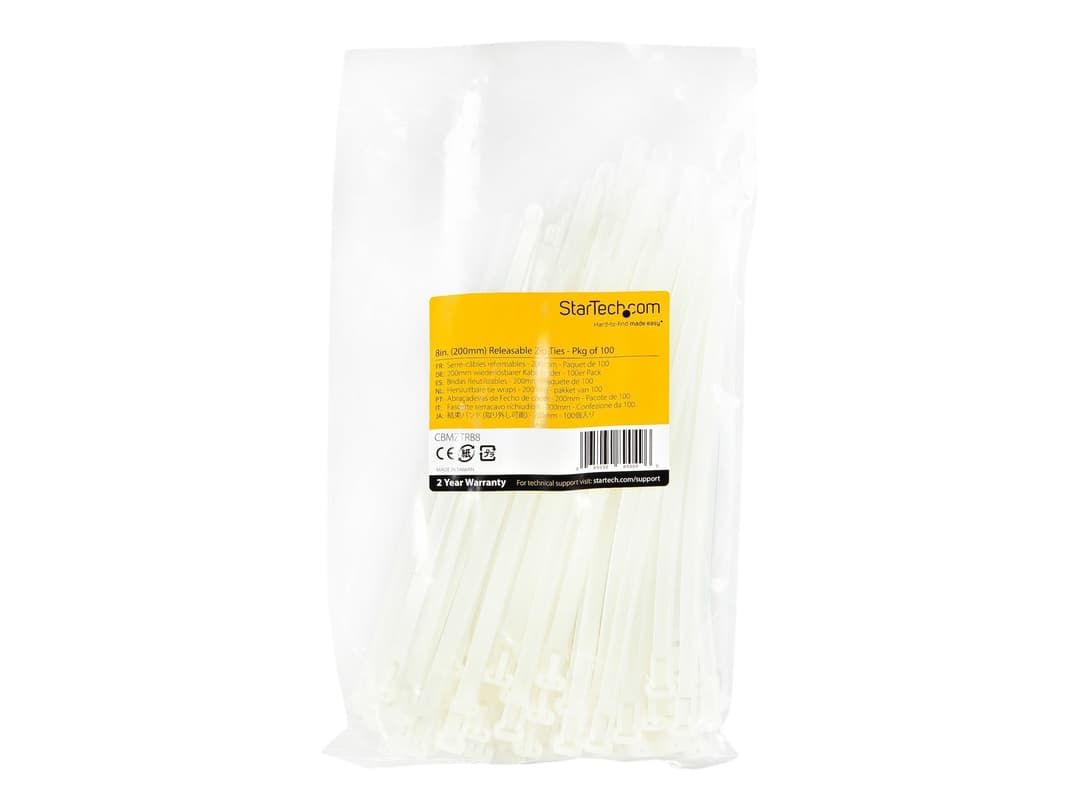 StarTech Reusable Cable Ties 20cm 100 Pack White - Image 1