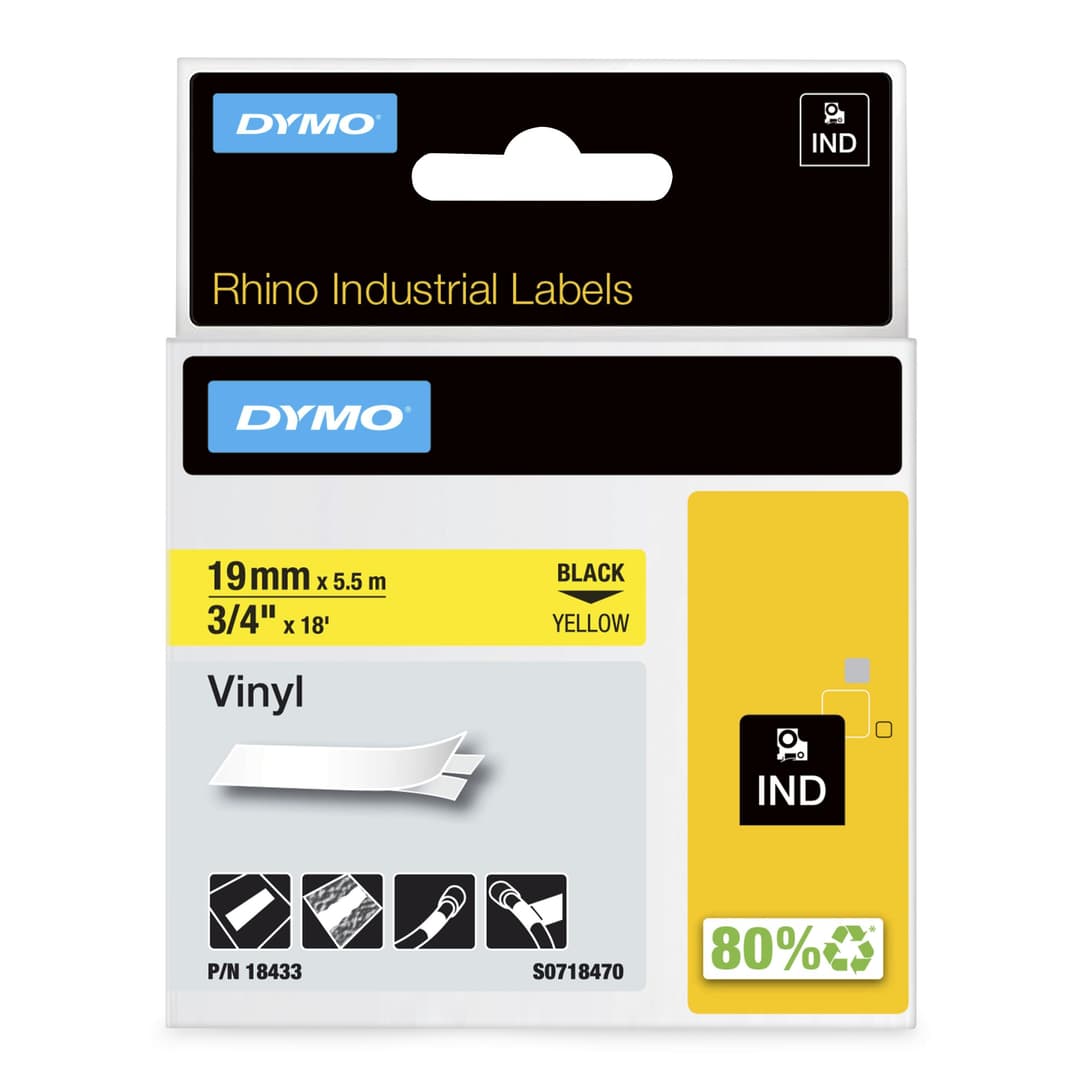 DYMO Rhino Industrial Vinyl Labels | 19 mm x 5.5 m | Black Print on Yellow | Self-Adhesive | for Rhino & LabelManager Label Makers - Image 1