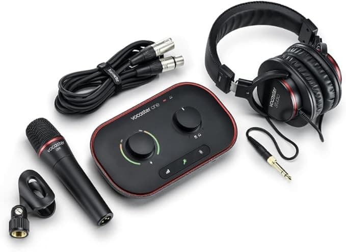 Focusrite Vocaster One Studio Podcast Recording Interface with DM1 Mic HP60v Headphones
