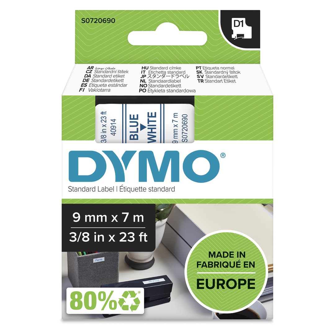DYMO Authentic D1 Labels | Blue Print on White Tape | 9 mm x 7 m | Self-Adhesive Labels for LabelManager Label Makers | Made in Europe - Image 1