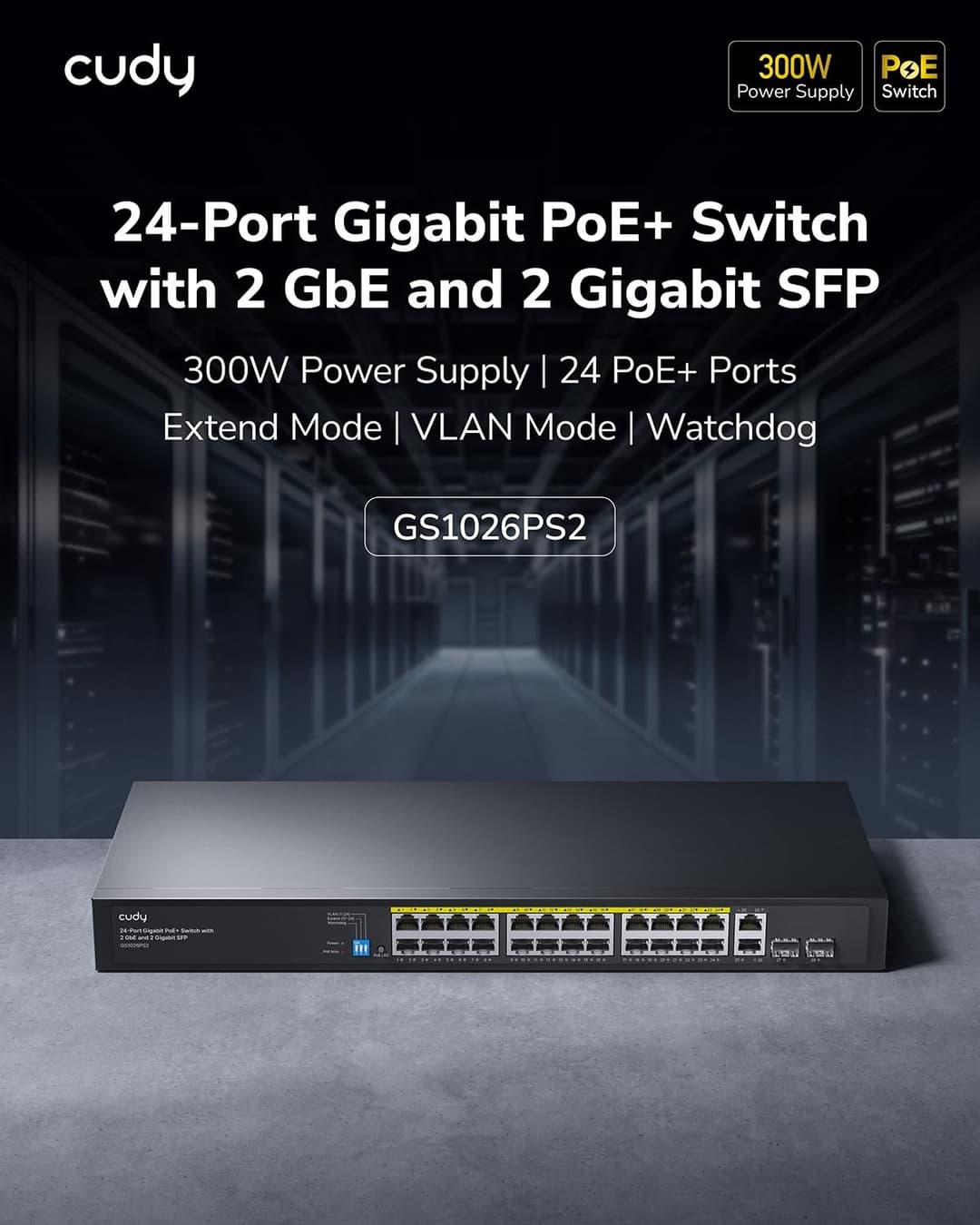 Cudy 26-Port Gigabit 24-Port PoE+ Unmanaged Ethernet Switch, GS1026PS2 - Black - Image 2