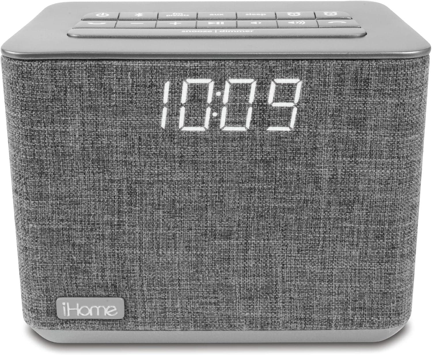 iHome Bluetooth Dual Alarm FM Radio Clock with Speakerphone and USB Charging, - Grey