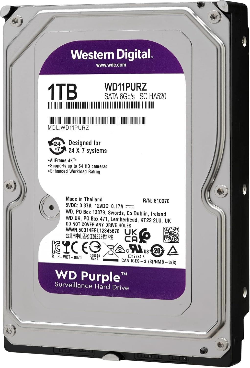Western Digital WD Purple WD10PURZ 1TB 3.5-inch SATA Surveillance Hard Drive - 64MB Cache, 5400rpm