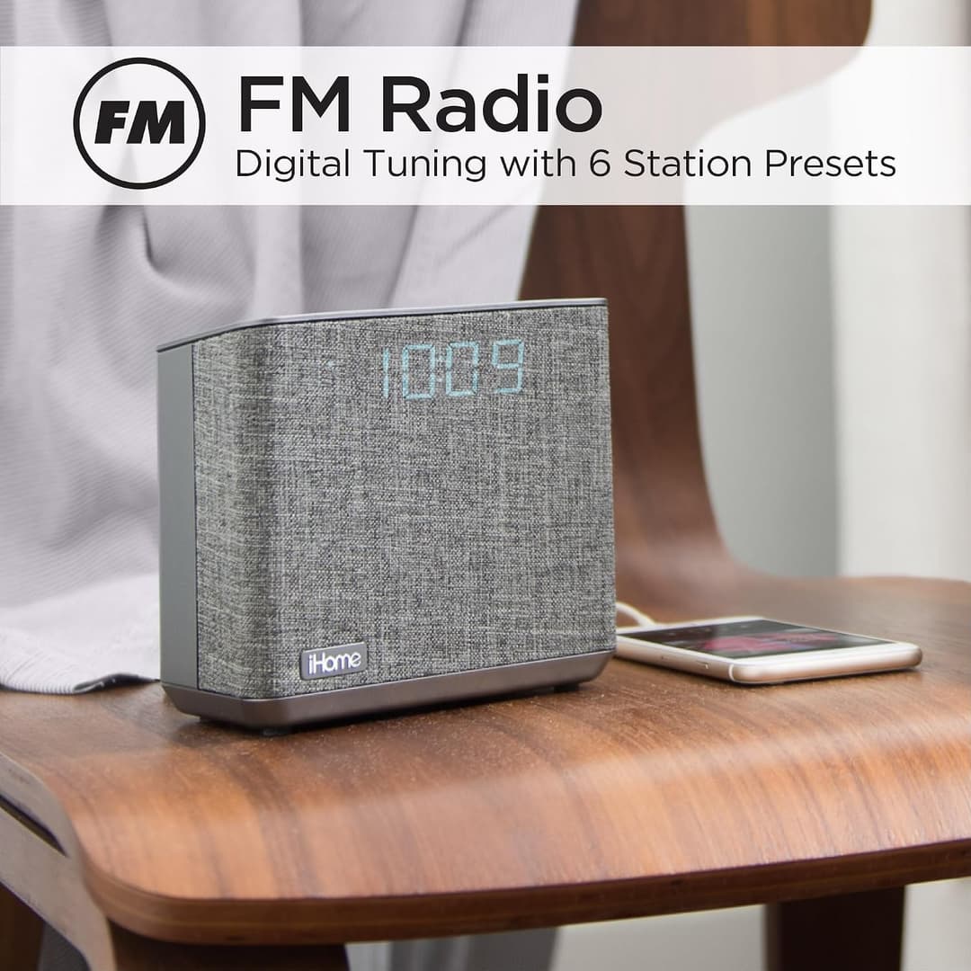 iHome Bluetooth Dual Alarm FM Radio Clock with Speakerphone and USB Charging, - Grey - Image 6