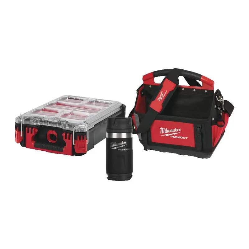 Milwaukee 4932500654 Packout Promo Bundle - 40cm Tote Bag, 335ml Bottle, Compact Organiser - Image 1