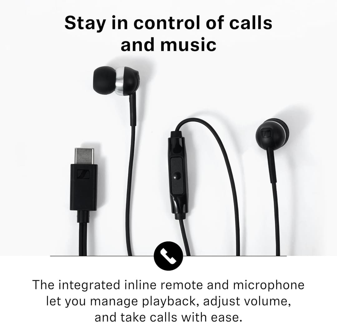 Sennheiser CX 80U – Wired In-ear Headphones, USB C Connection, In-line One-Button Smart Remote with Microphone, Closed Earbuds for Passive Noise Cancelling – Black - Image 3