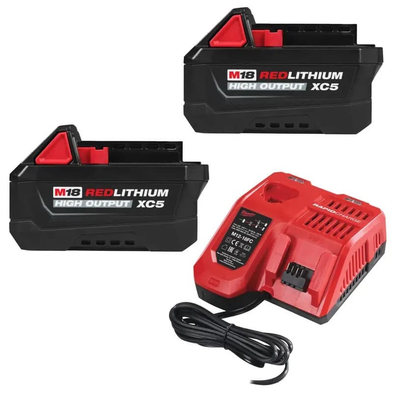 Milwaukee M18HB5 XC5 High Output 5.0ah Battery Twin Pack & M12-18FC 12V-18V Multi-Voltage Rapid Charger - Image 1
