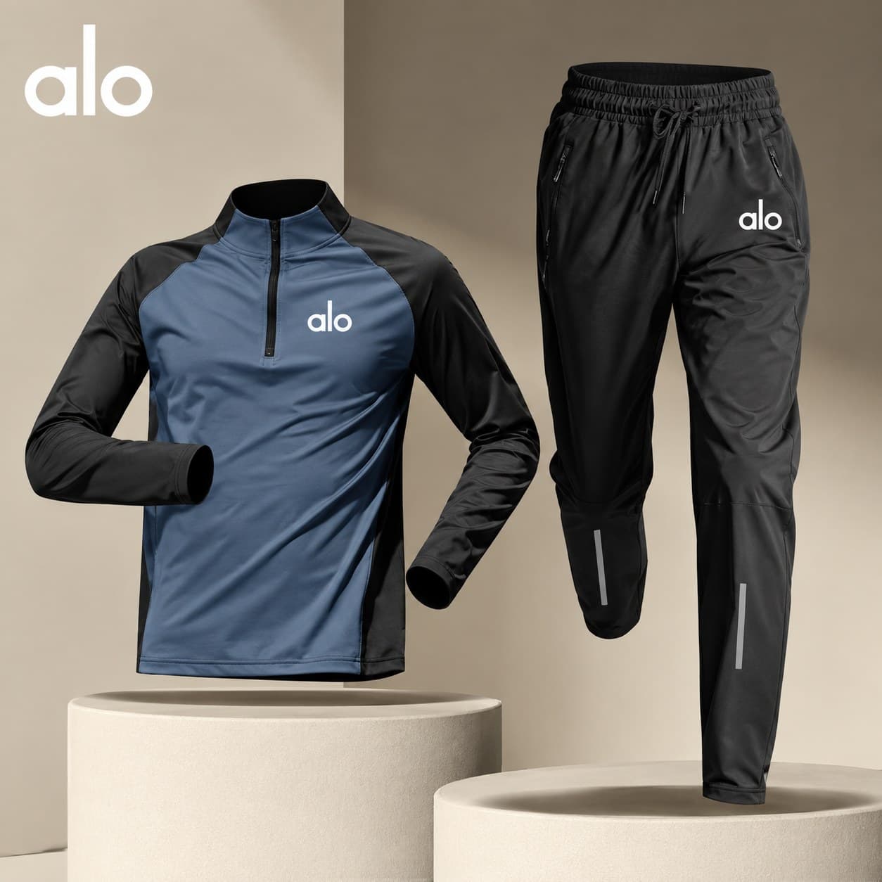 ALO Men's Blue & Black Tracksuit Set Half Zip Long Sleeve Top Size M (alo no 3)