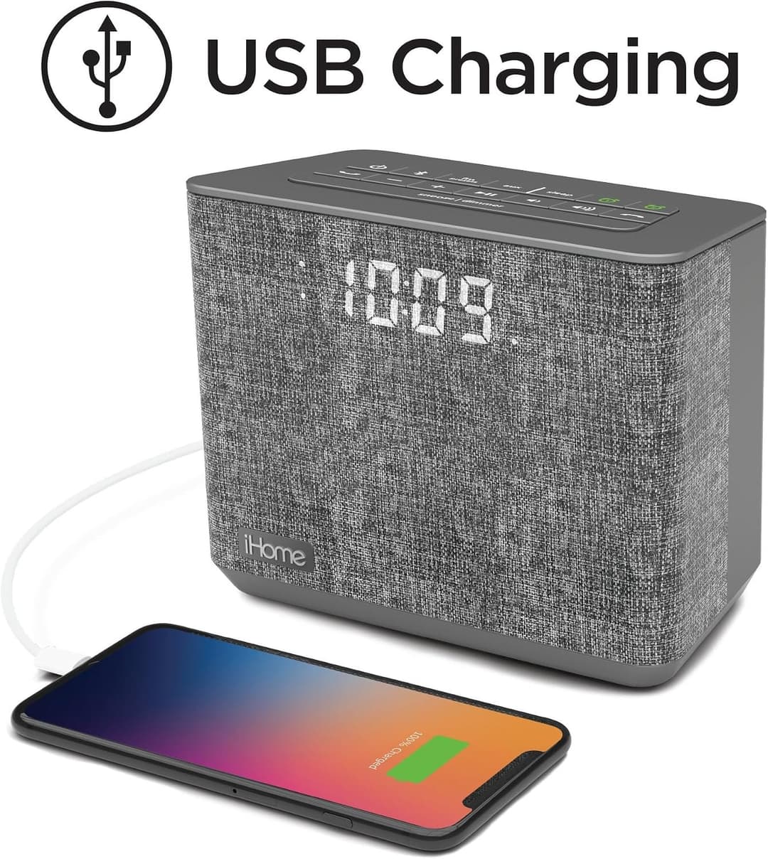 iHome Bluetooth Dual Alarm FM Radio Clock with Speakerphone and USB Charging, - Grey - Image 5