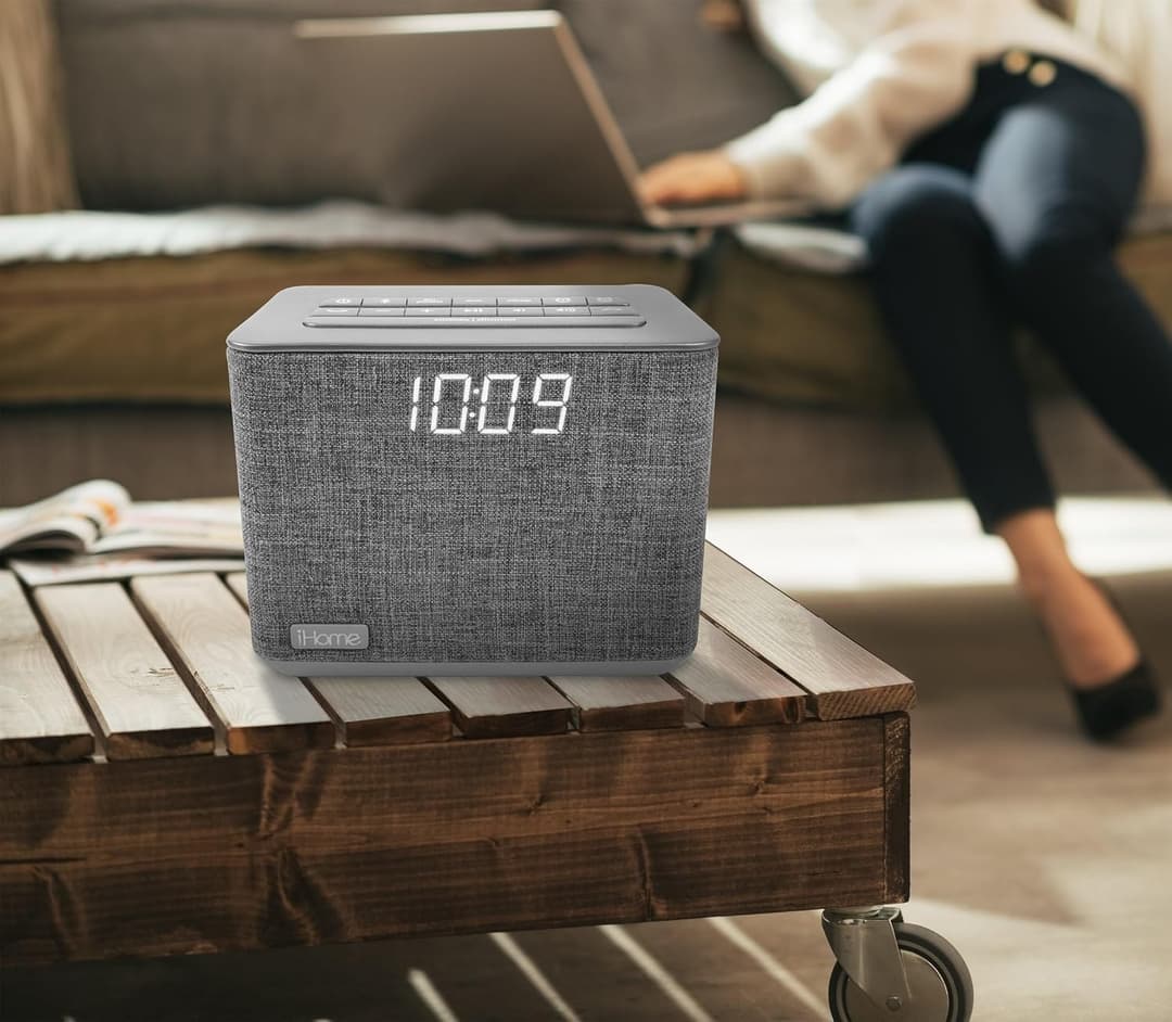 iHome Bluetooth Dual Alarm FM Radio Clock with Speakerphone and USB Charging, - Grey - Image 2