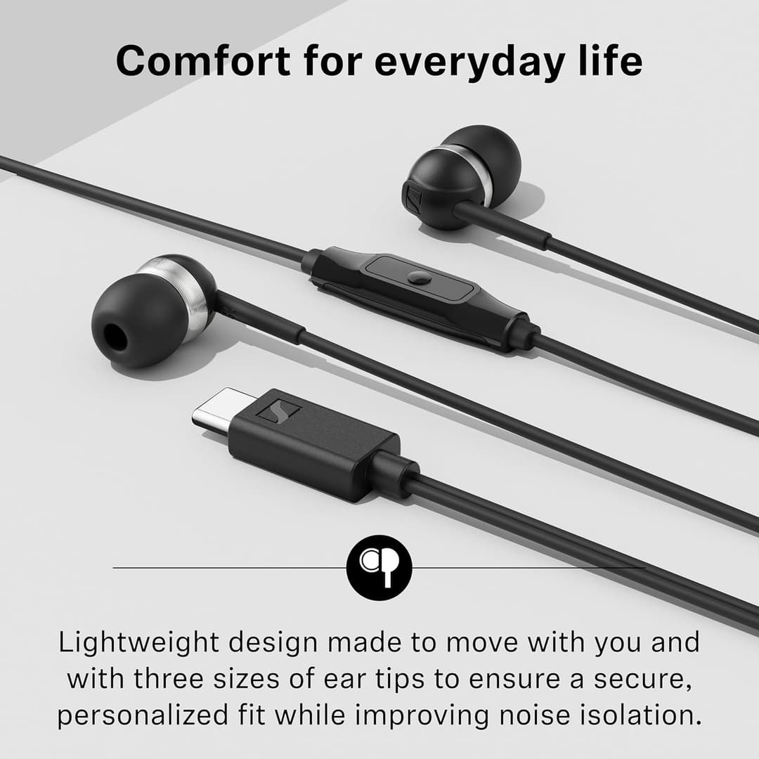 Sennheiser CX 80U – Wired In-ear Headphones, USB C Connection, In-line One-Button Smart Remote with Microphone, Closed Earbuds for Passive Noise Cancelling – Black - Image 4