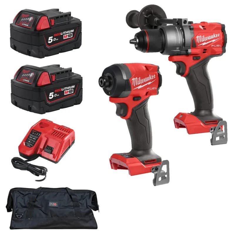Milwaukee M18FPD3-0 18v Fuel Combi Drill & M18FID3-0 Fuel Impact Driver Kit - 2 x 5.0ah Batteries, Charger & PTM Bag - Image 1