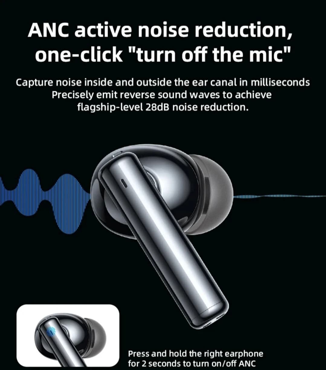 Yesido TWS23 ANC True Wireless Earbuds BT5.3 LED Display 6H 300mAh Touch Type-C - Black - Image 2