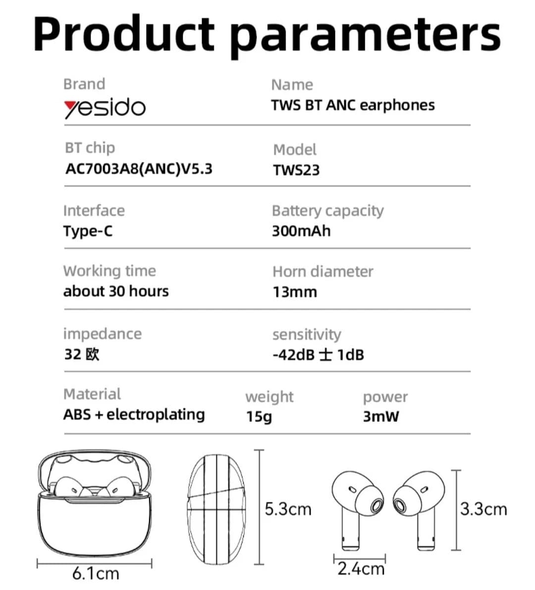 Yesido TWS23 ANC True Wireless Earbuds BT5.3 LED Display 6H 300mAh Touch Type-C - Black - Image 5