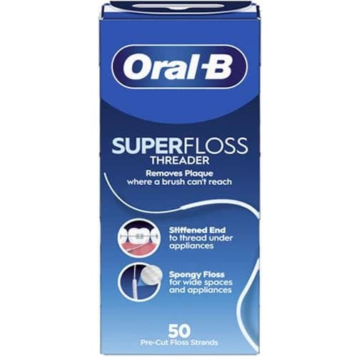 Oral-B Superfloss Threader 50 Pre-Cut Strands for Braces, Tight & Wide Spaces Plaque Removal - Image 1