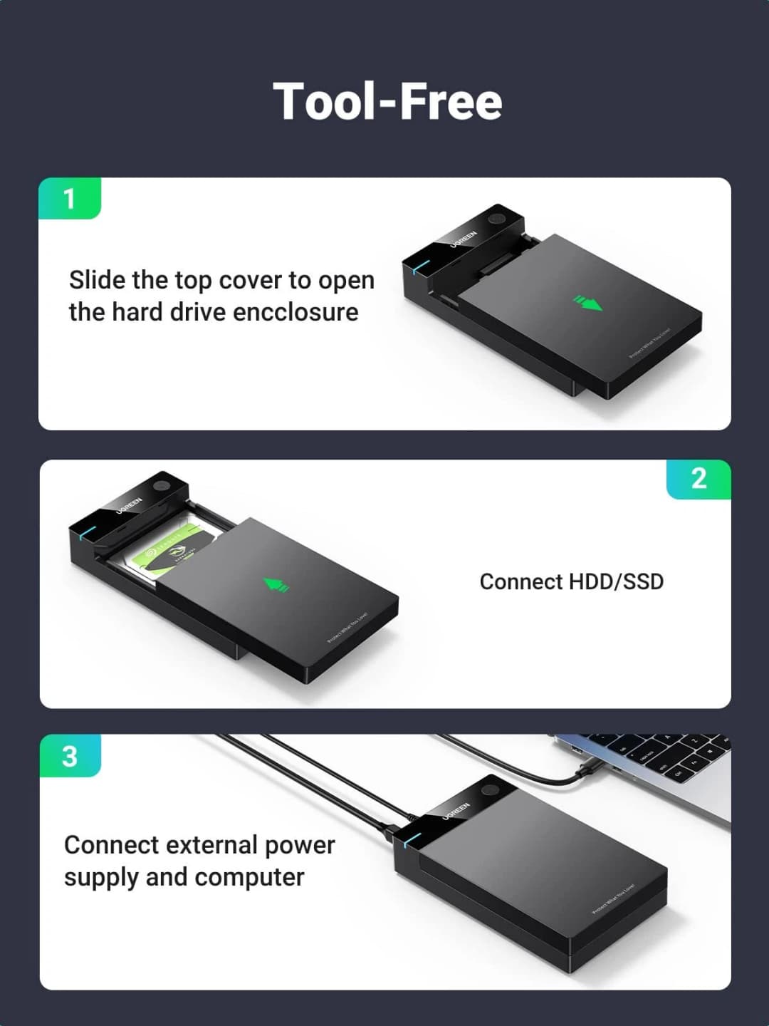 UGREEN Hard Drive Enclosure USB 3.0 to SATA HDD Caddy for 2.5 3.5 inch SSD HD - Image 4