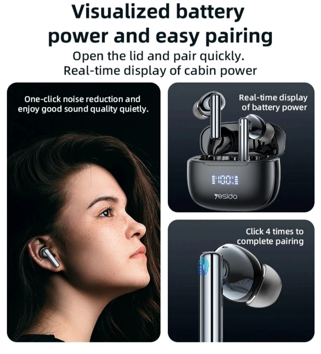 Yesido TWS23 ANC True Wireless Earbuds BT5.3 LED Display 6H 300mAh Touch Type-C - Black - Image 3