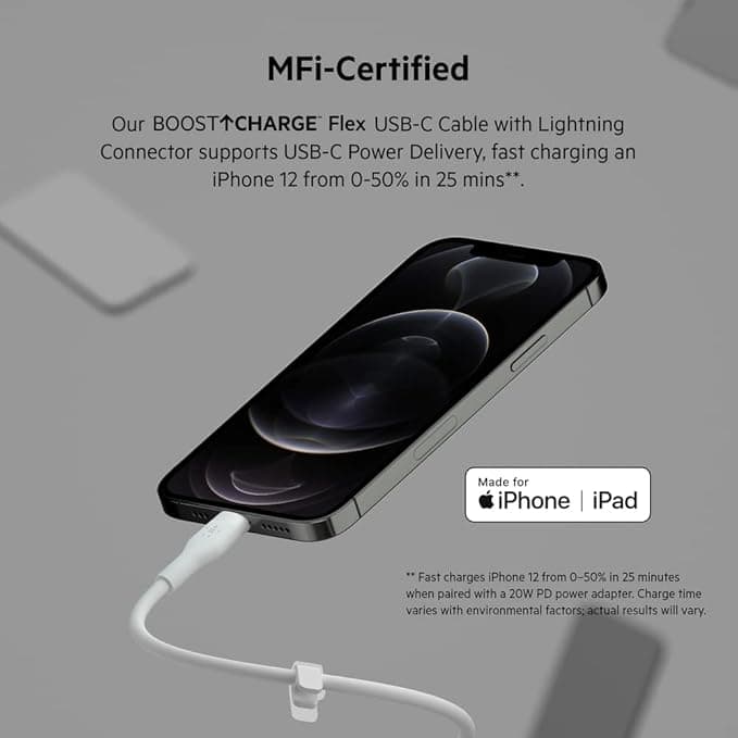 Belkin BoostCharge Flex USB-C to Lightning Cable 2M Fast Charging Cable for iPhone & iPad – White - Image 4